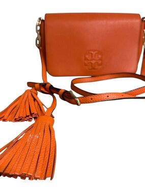 Tory Burch Bright Orange Leather Crossbody with Tassel Detail